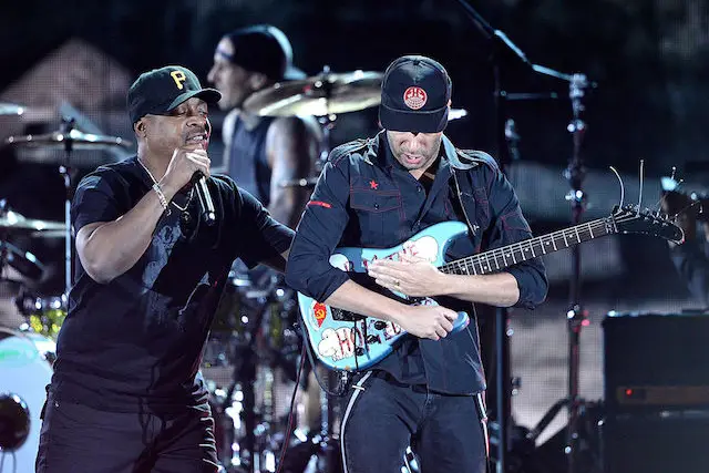 Chuck D and Tom Morello perform at the 55th annual Grammy Awards in 2013.